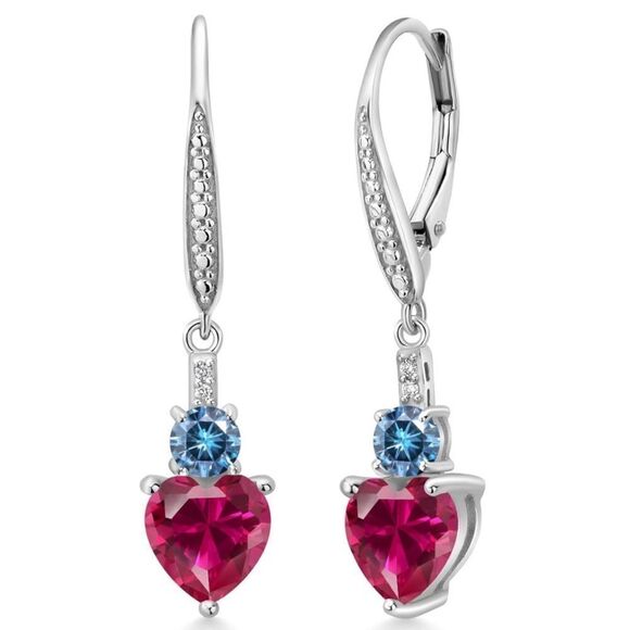 925 Sterling Silver with 3.29 Cttw Ruby and Blue Moissanite Heart Drop Earrings